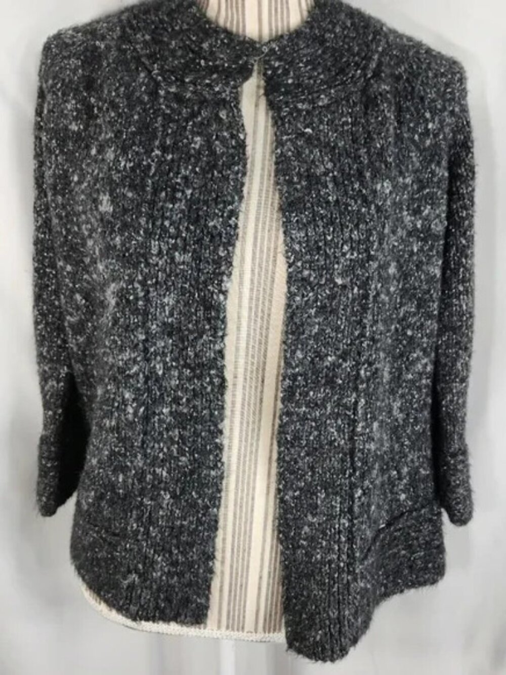 Preswick & Moore Grey w/White & Silver Metallic Specks Open Front Cardigan Sz PS